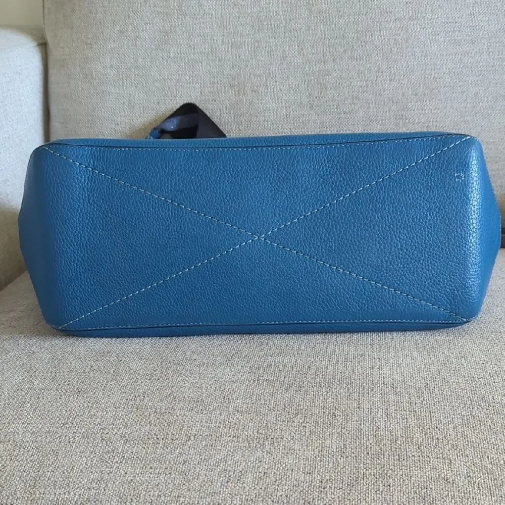 Coach Teal/Blue Pebble Leather Tote with Striped Handles